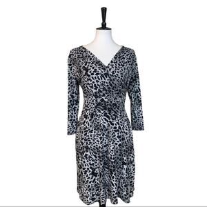 Ellen Tracy Women's Faux Wrap Dress Jersey Black Snow Leopard Size Medium M